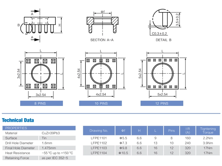 PCB Connectors for Fixing Cable Lugs 7461070 7460211 7461166 7462095